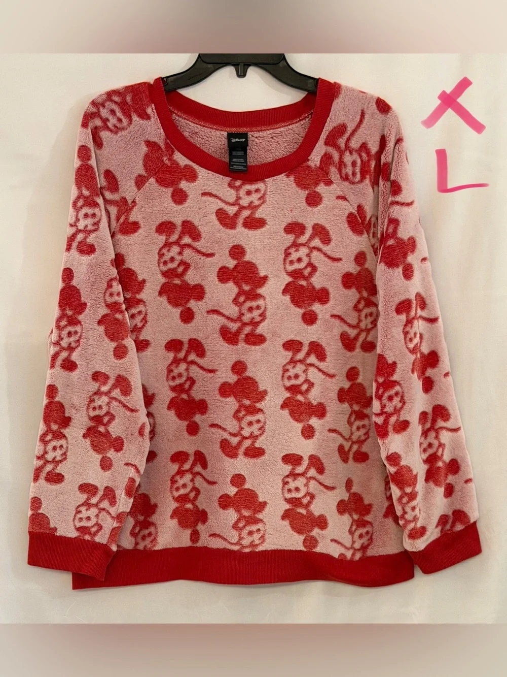 Disney Red and Pink Plush Mickey Pattern Crewneck Sweatshirt